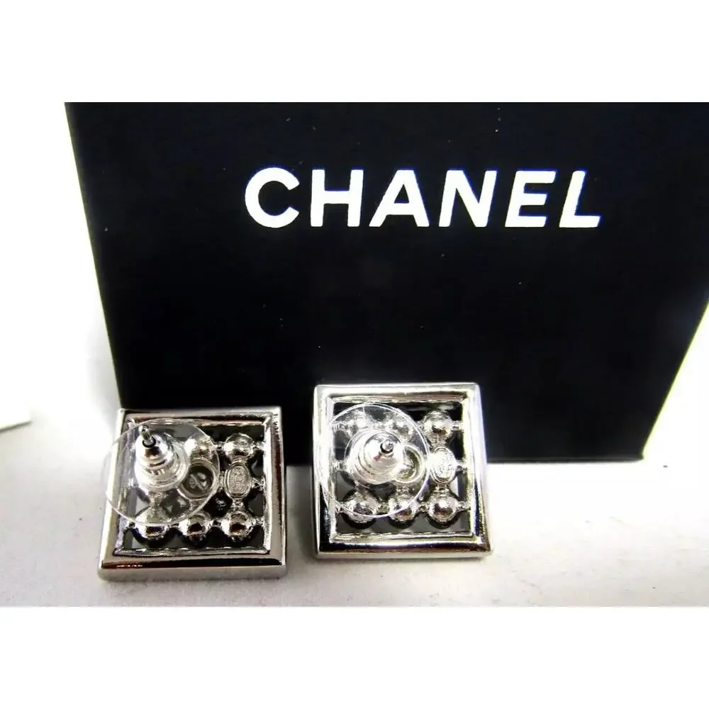 CHANEL 24P Crystal Glass Pearl CC Logo Silver Square Stud Earrings